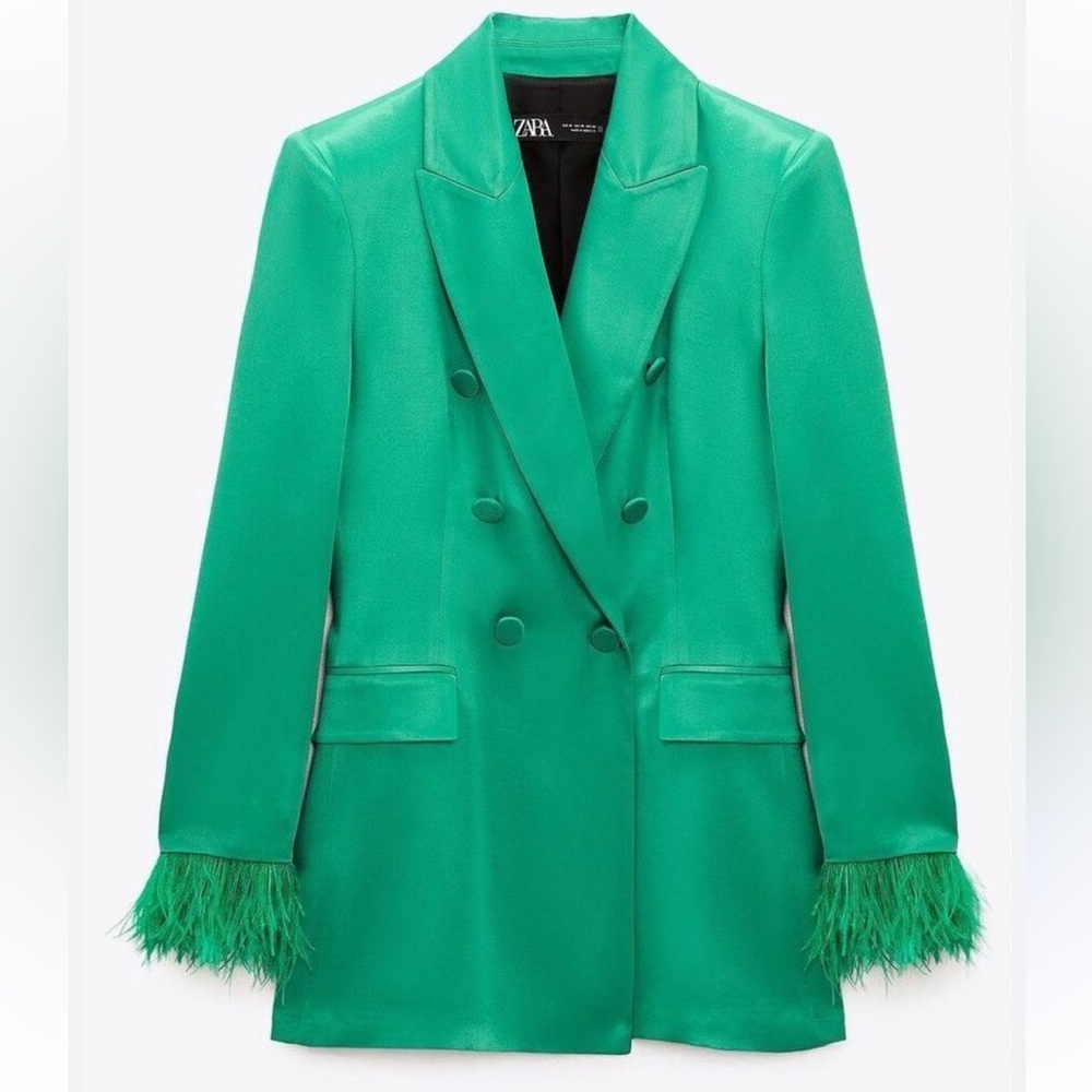 Zara Green Blazer with Structured Shoulders and Feather Trim